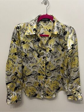 Y2K Satin Yellow & Black Floral Satin ButtonUp Top Kasper